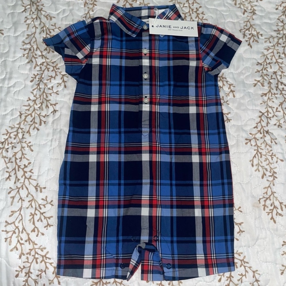 NWT Janie and Jack baby plaid collared button up onesie jumper 6-12 months blue